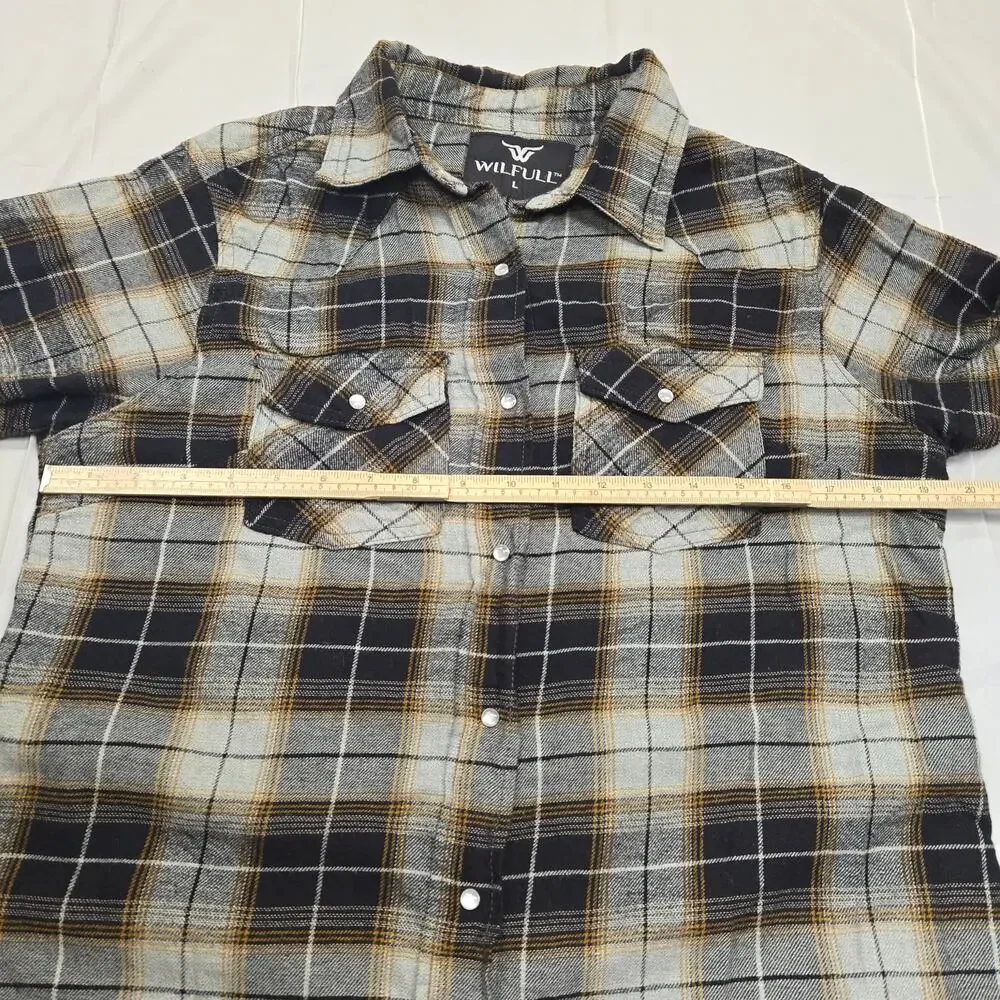 WilFull Womens Large Pearl Snap Shirt Brown‎ Plaid Western Outdoors Rodeo